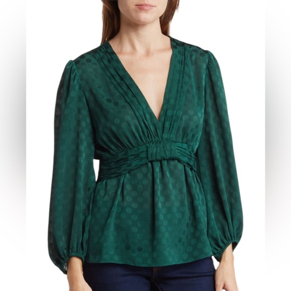 Max Studio Emerald Green Long Sleeve Empire Waist Blouse Size Large